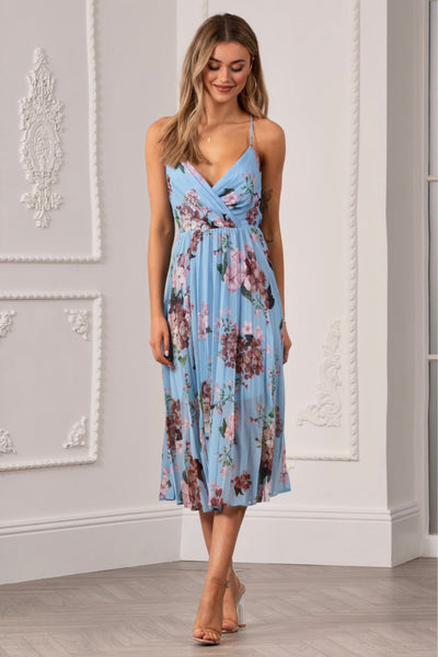 Blue - Floral Print Pleated Wrap Body Midi Dress by Urban Touch