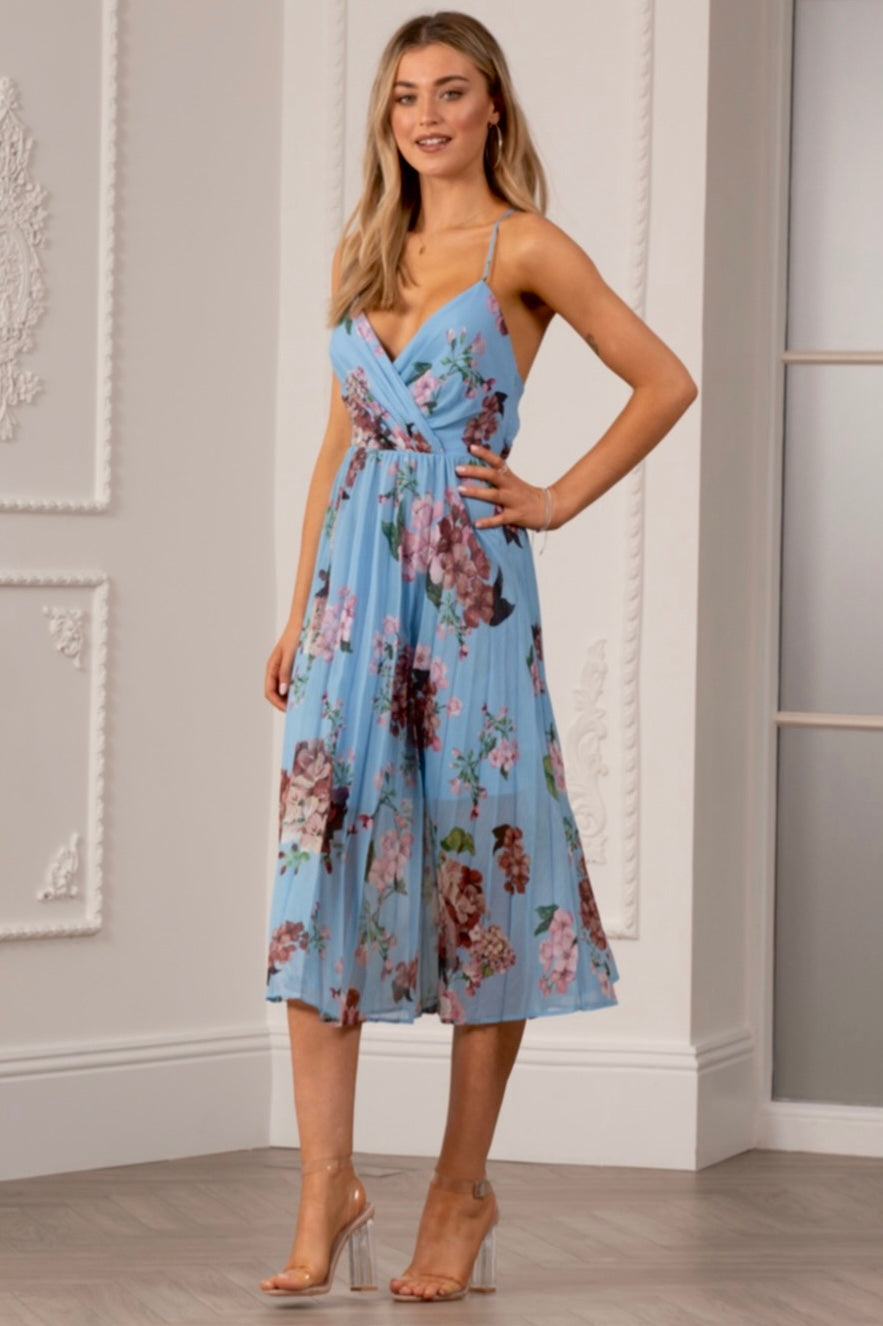 Floral Print Pleated Wrap Body Midi Dress UTSS22019