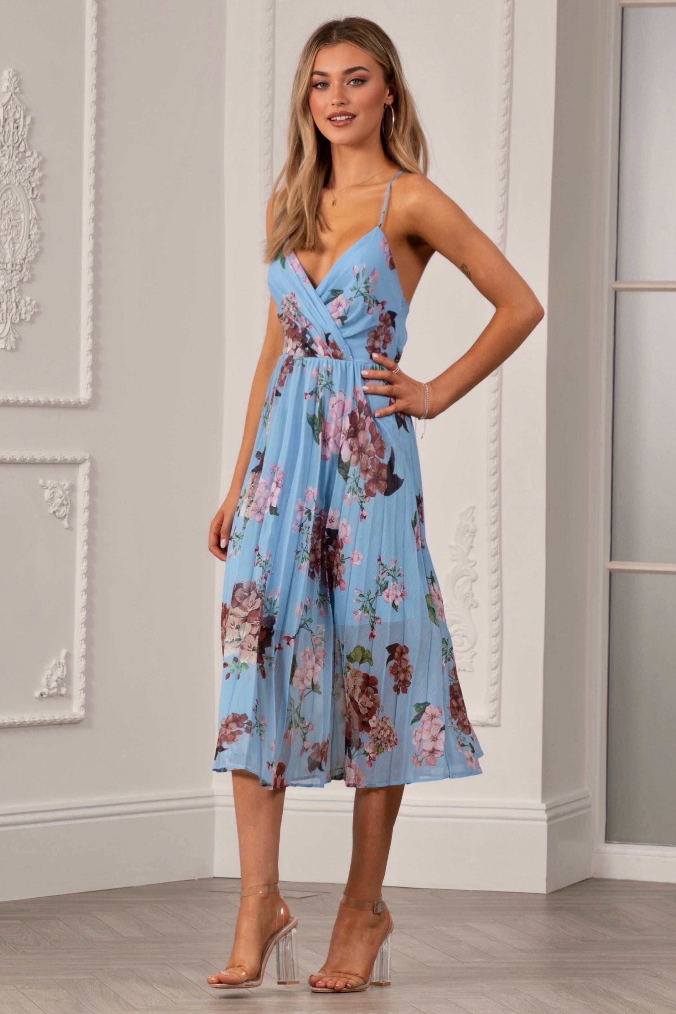 Floral Print Pleated Wrap Body Midi Dress UTSS22019