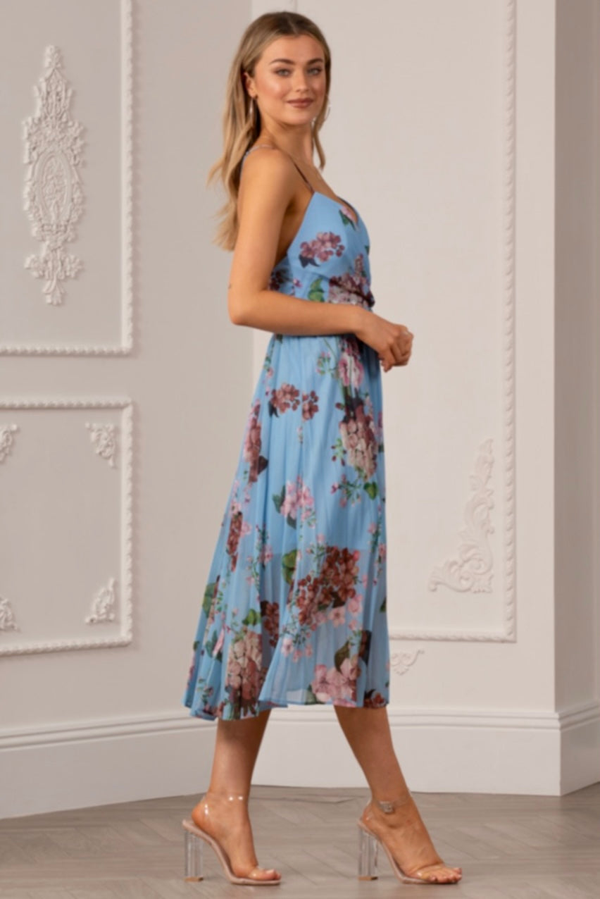 Floral Print Pleated Wrap Body Midi Dress UTSS22019