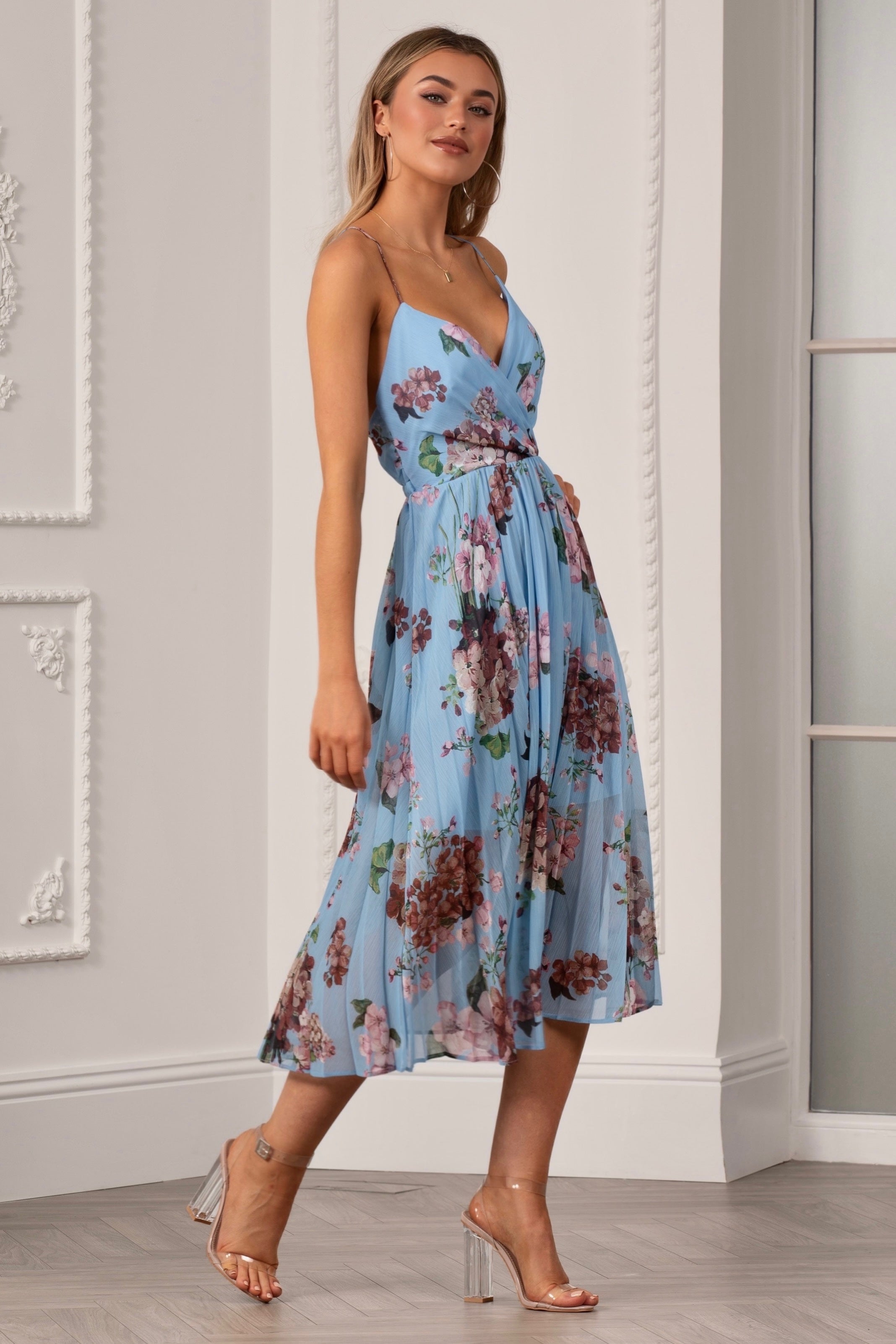 Floral Print Pleated Wrap Body Midi Dress UTSS22019