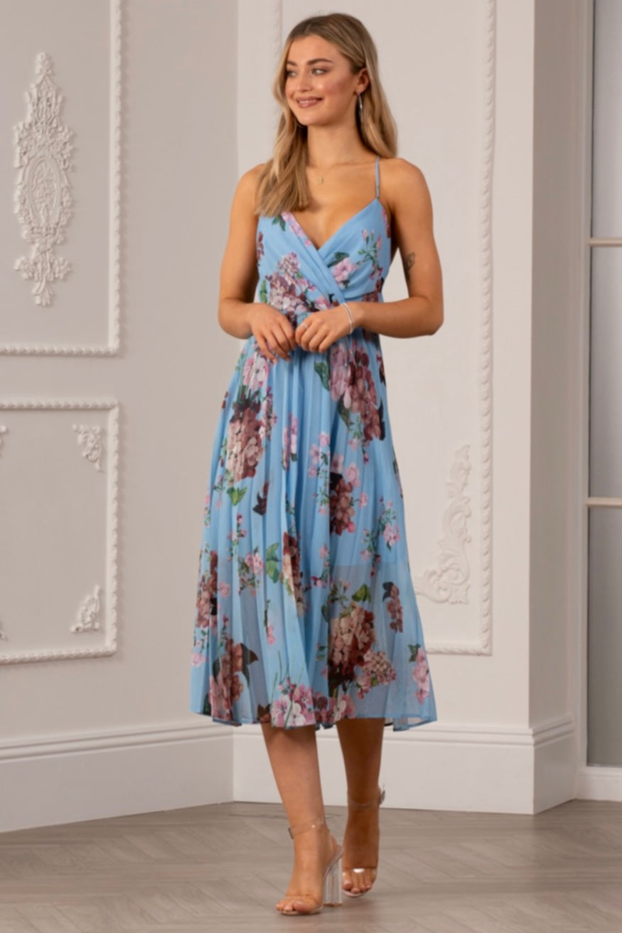 Floral Print Pleated Wrap Body Midi Dress UTSS22019