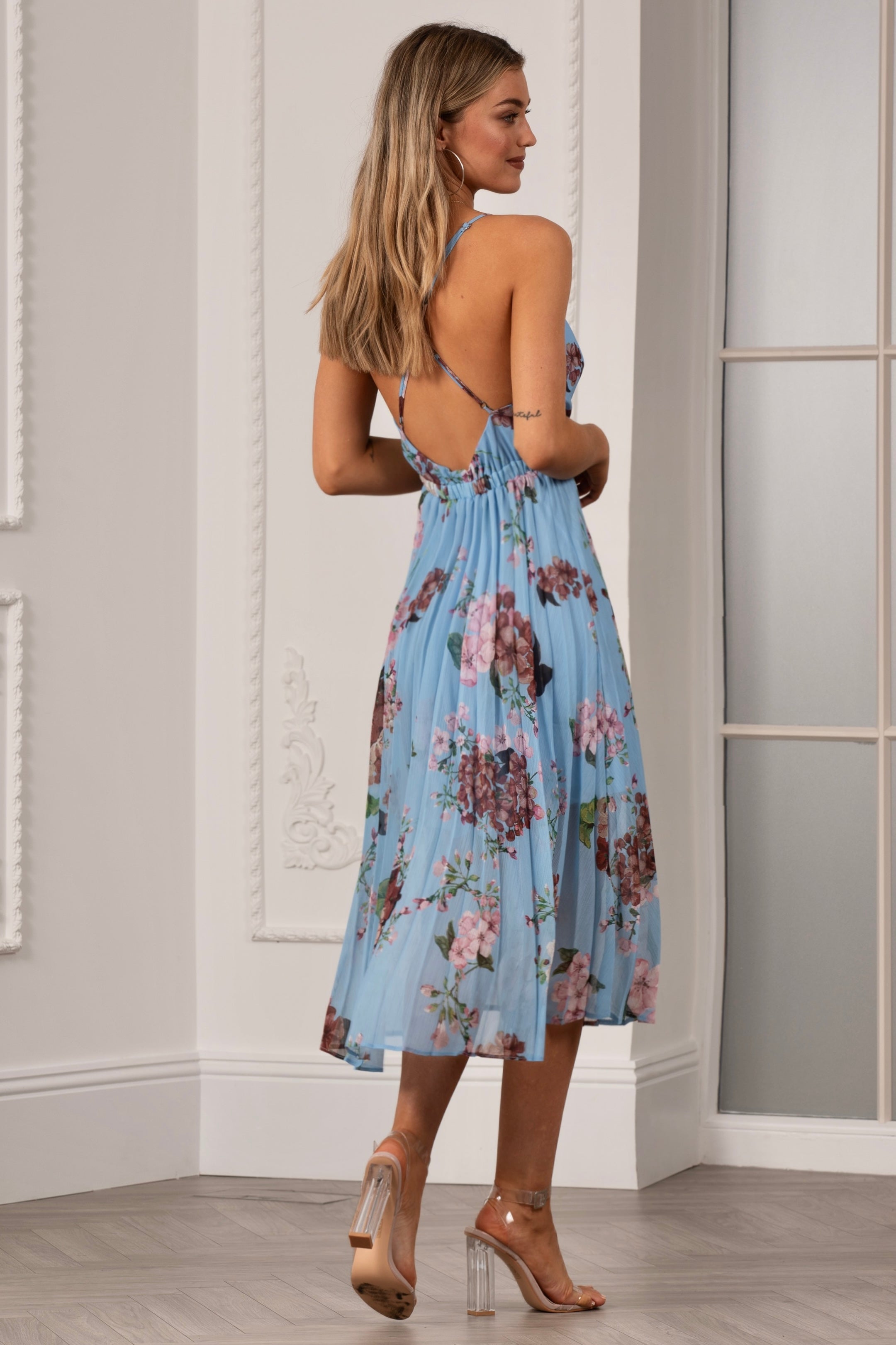 Floral Print Pleated Wrap Body Midi Dress UTSS22019