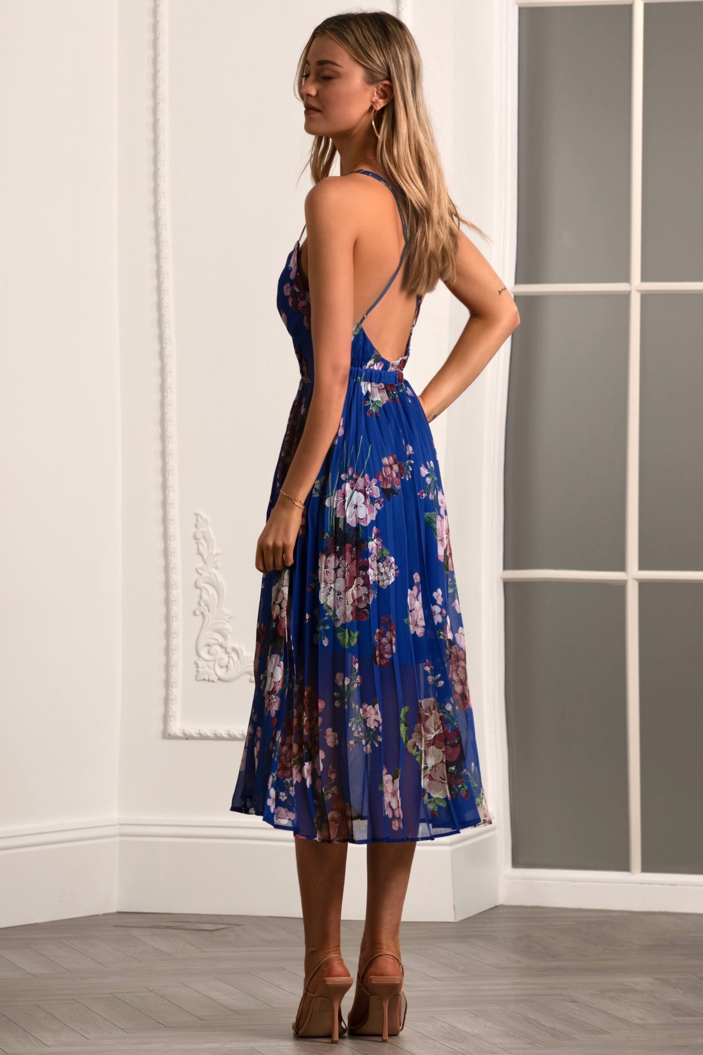 Floral Print Pleated Wrap Body Midi Dress UTSS22019