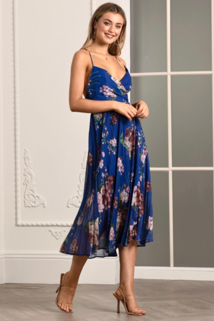 Floral Print Pleated Wrap Body Midi Dress UTSS22019