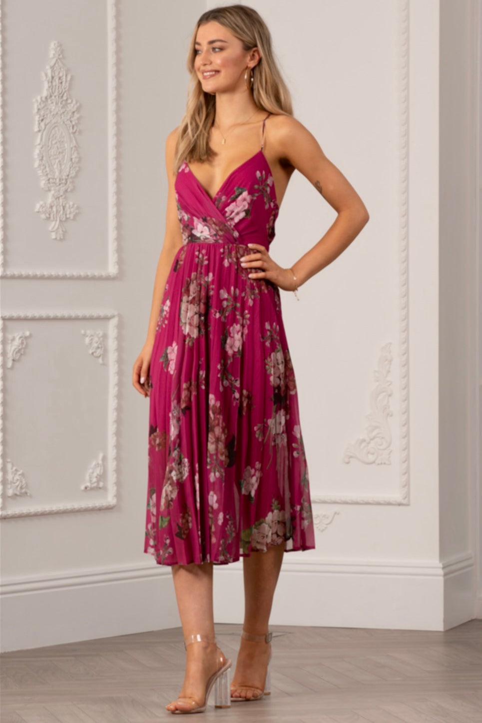 Floral Print Pleated Wrap Body Midi Dress UTSS22019