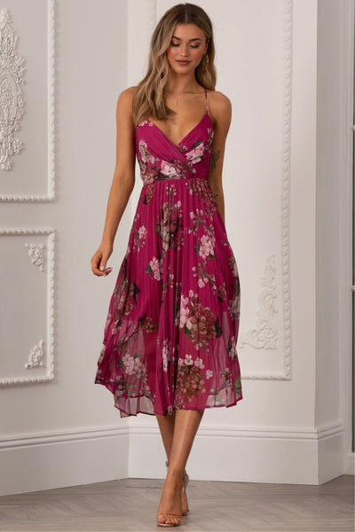 Fuchsia - Floral Print Pleated Wrap Body Midi Dress by Urban Touch
