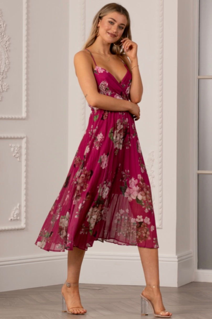 Floral Print Pleated Wrap Body Midi Dress UTSS22019