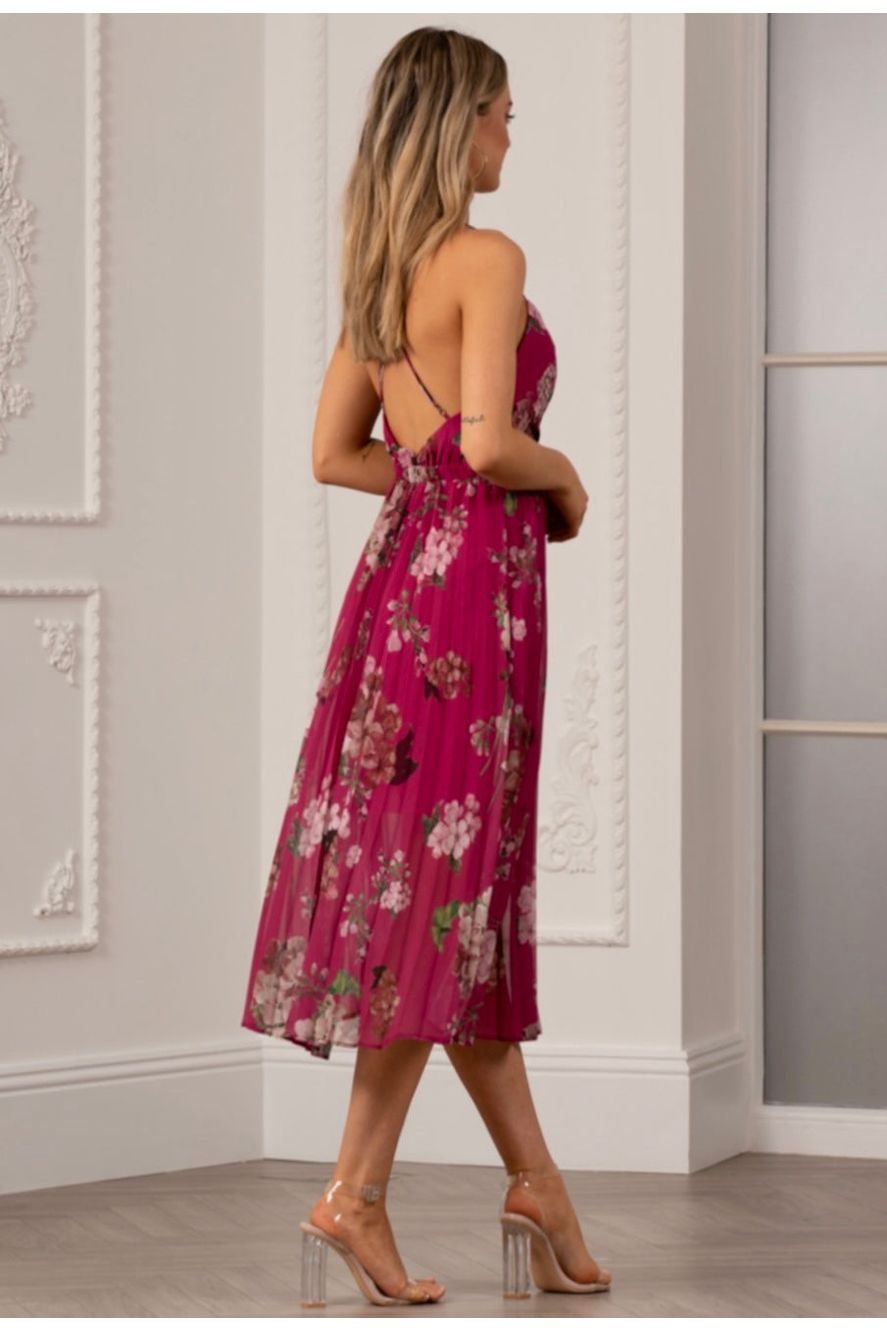 Floral Print Pleated Wrap Body Midi Dress UTSS22019