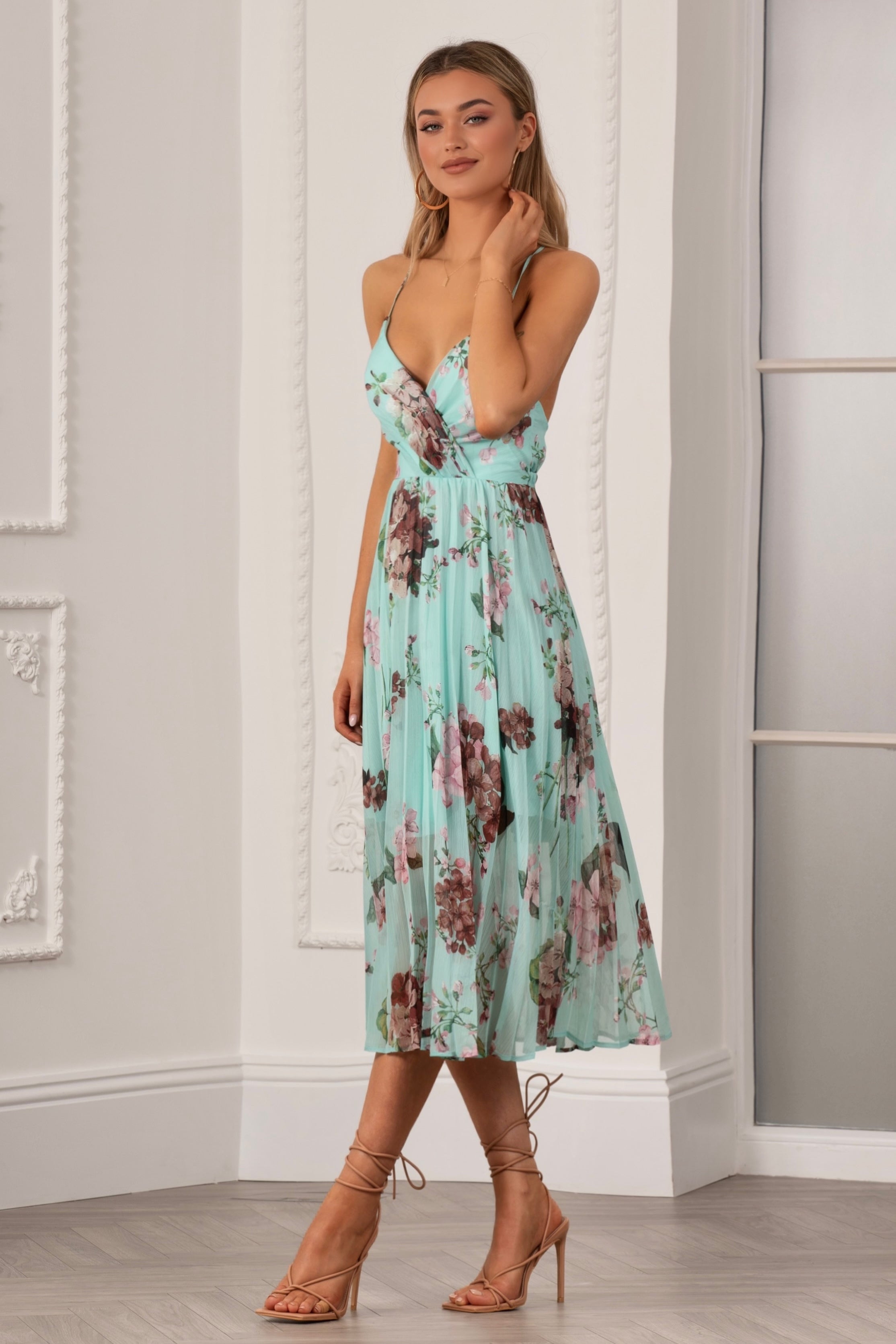 Floral Print Pleated Wrap Body Midi Dress UTSS22019