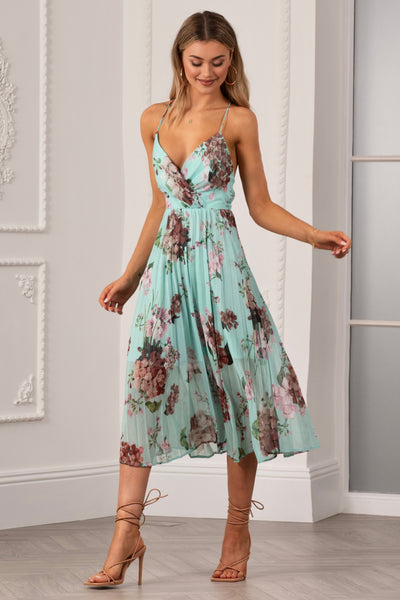Mint - Floral Print Pleated Wrap Body Midi Dress by Urban Touch