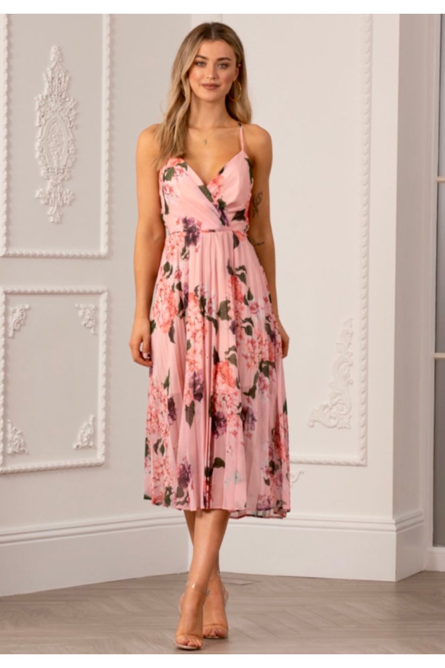 Floral Print Pleated Wrap Body Midi Dress UTSS22019