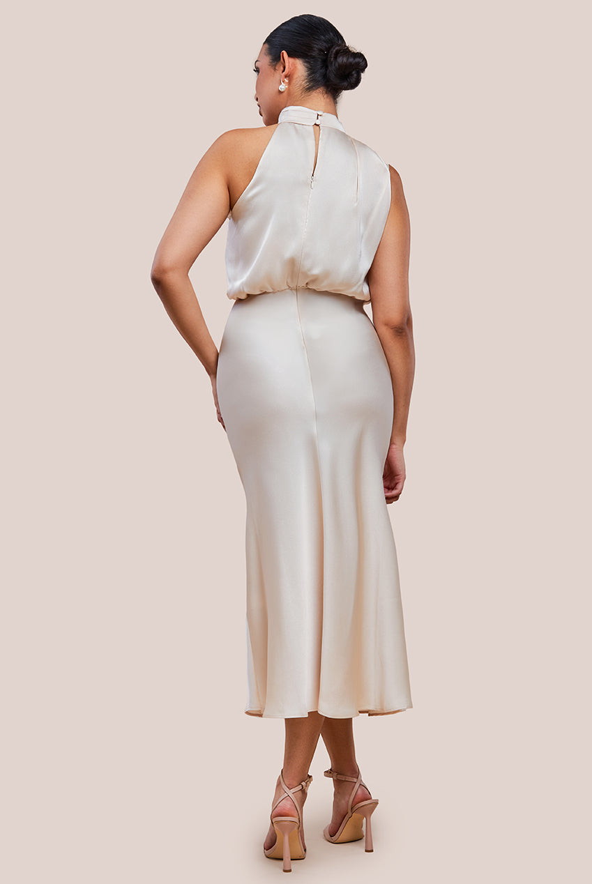 Ruched Asymmetric High Neck Satin Midi Dress UTSS23012