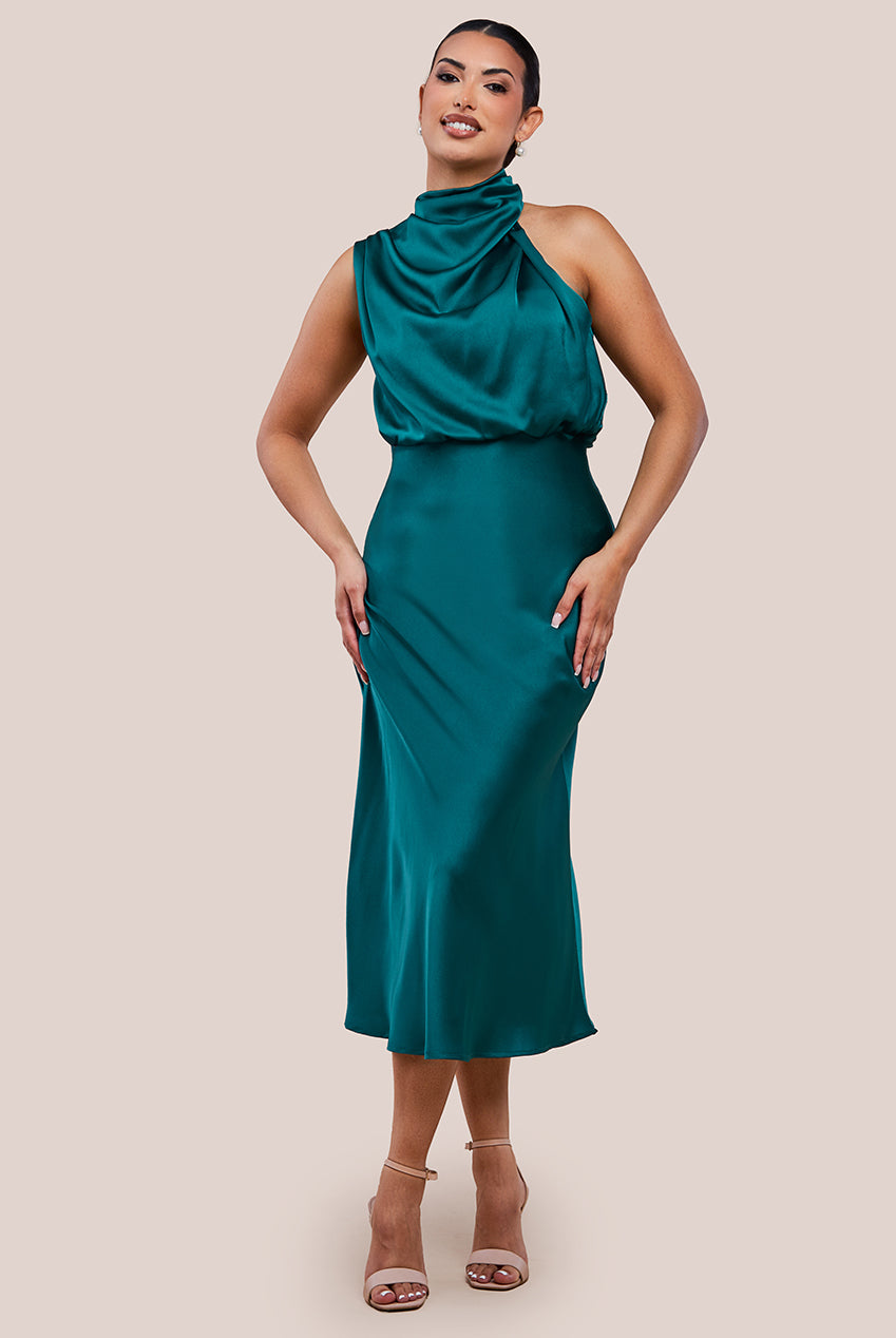 Ruched Asymmetric High Neck Satin Midi Dress UTSS23012