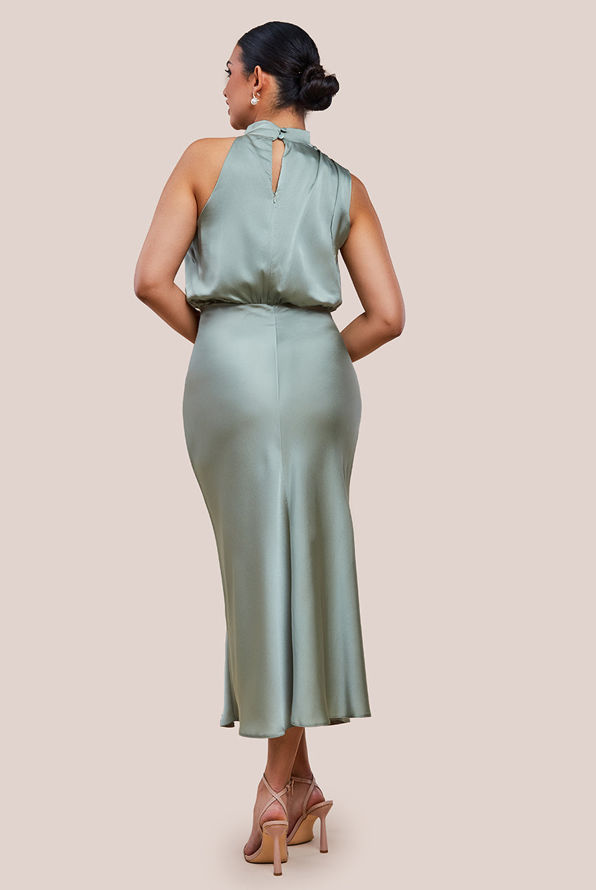 Ruched Asymmetric High Neck Satin Midi Dress UTSS23012