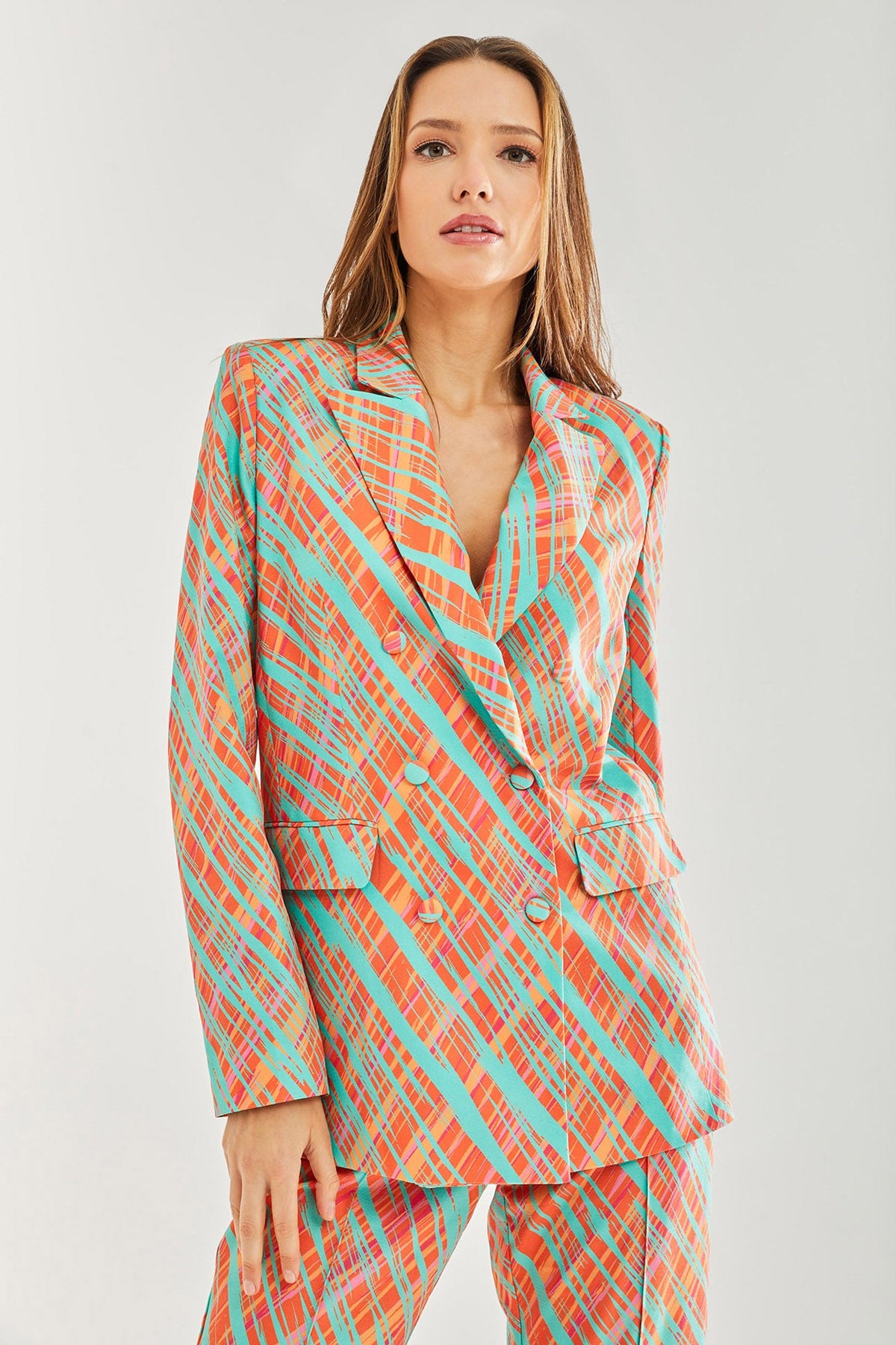 Relaxed Orange Scribble Print Blazer D10-LIQ21-281
