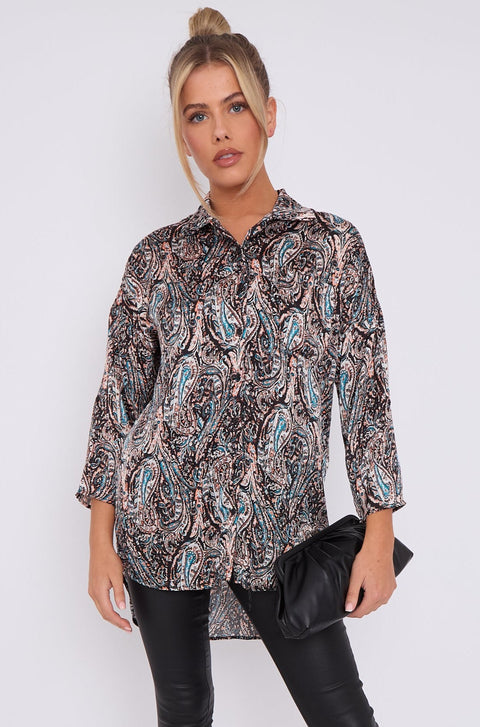 Black Paisley Print Layer Satin Oversized Shirt by LOVE SUNSHINE