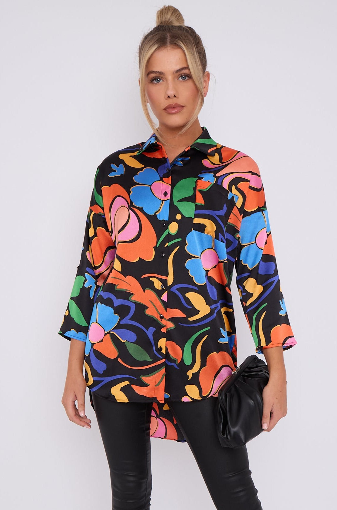 Abstract Floral Print Satin Oversized Shirt LS5003-P31