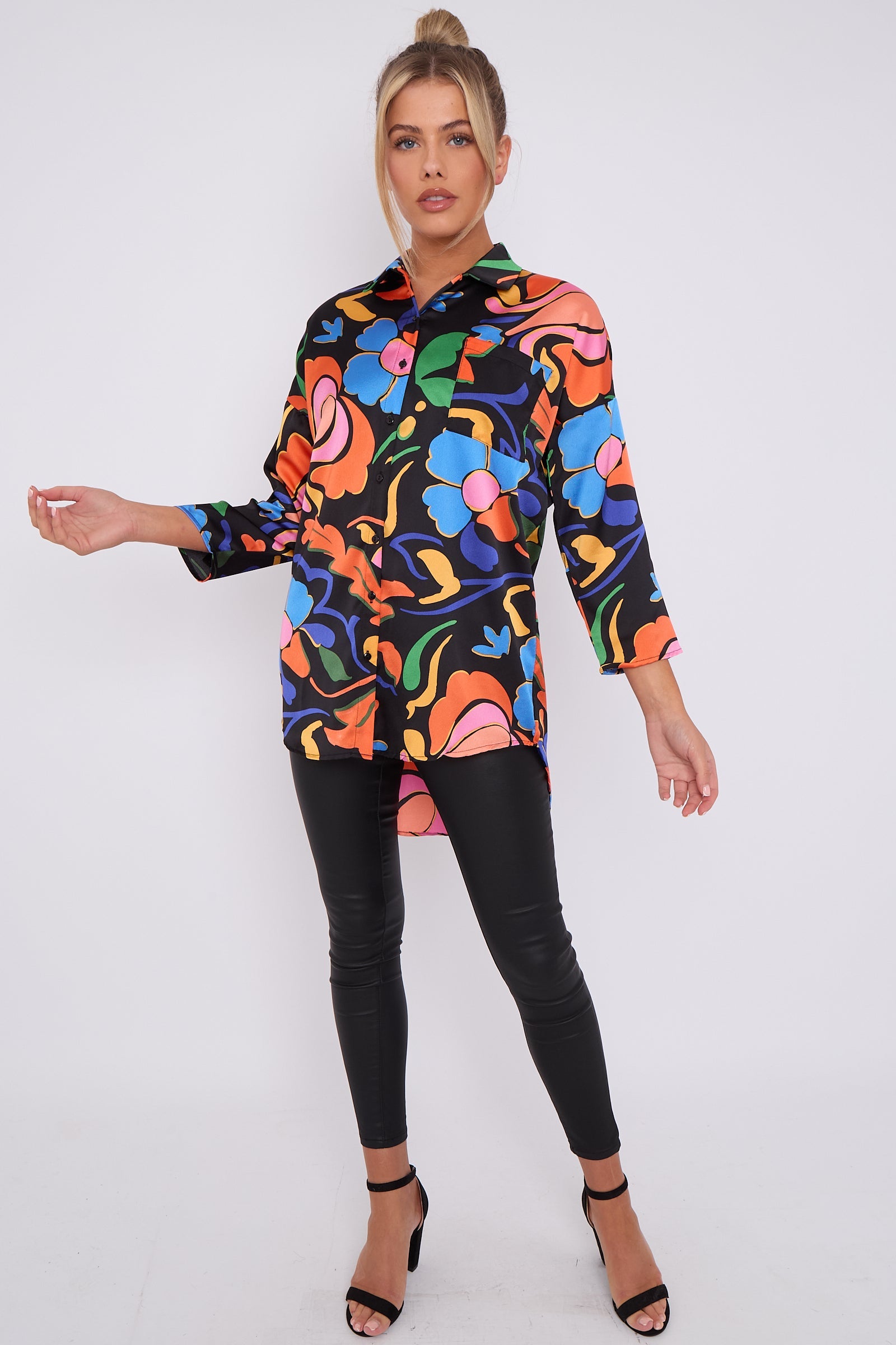 Abstract Floral Print Satin Oversized Shirt LS5003-P31
