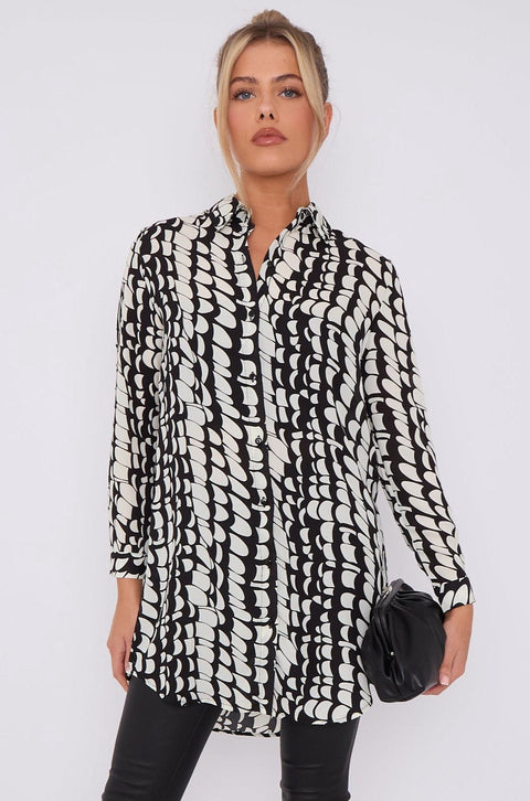 Black Geo Print Chiffon Long Shirt LS5002-CC19