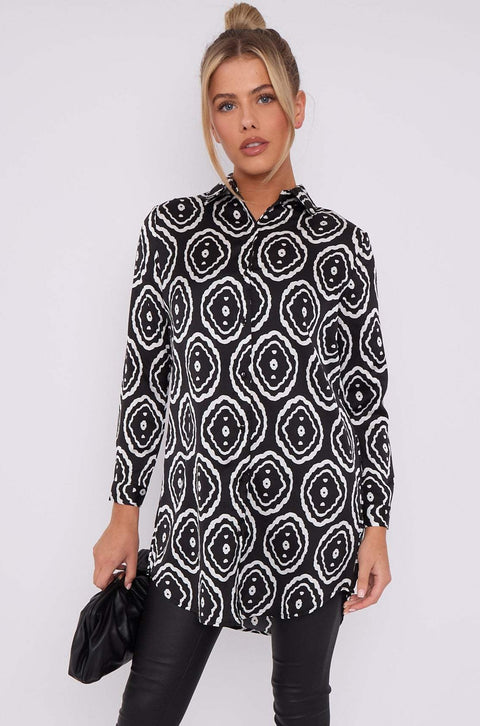 Mono Tribe Print Bubble Satin Long Shirt by LOVE SUNSHINE