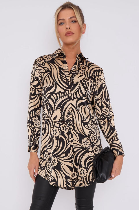 Black And Beige Paisley Print Satin Long Shirt LS5002-CC18