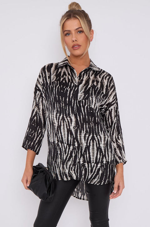 Black Tie Dye Print Satin Oversized Shirt LS5003-P36