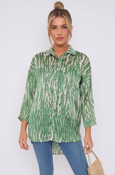 Green Tie Dye Print Satin Oversized Shirt LS5003-P35