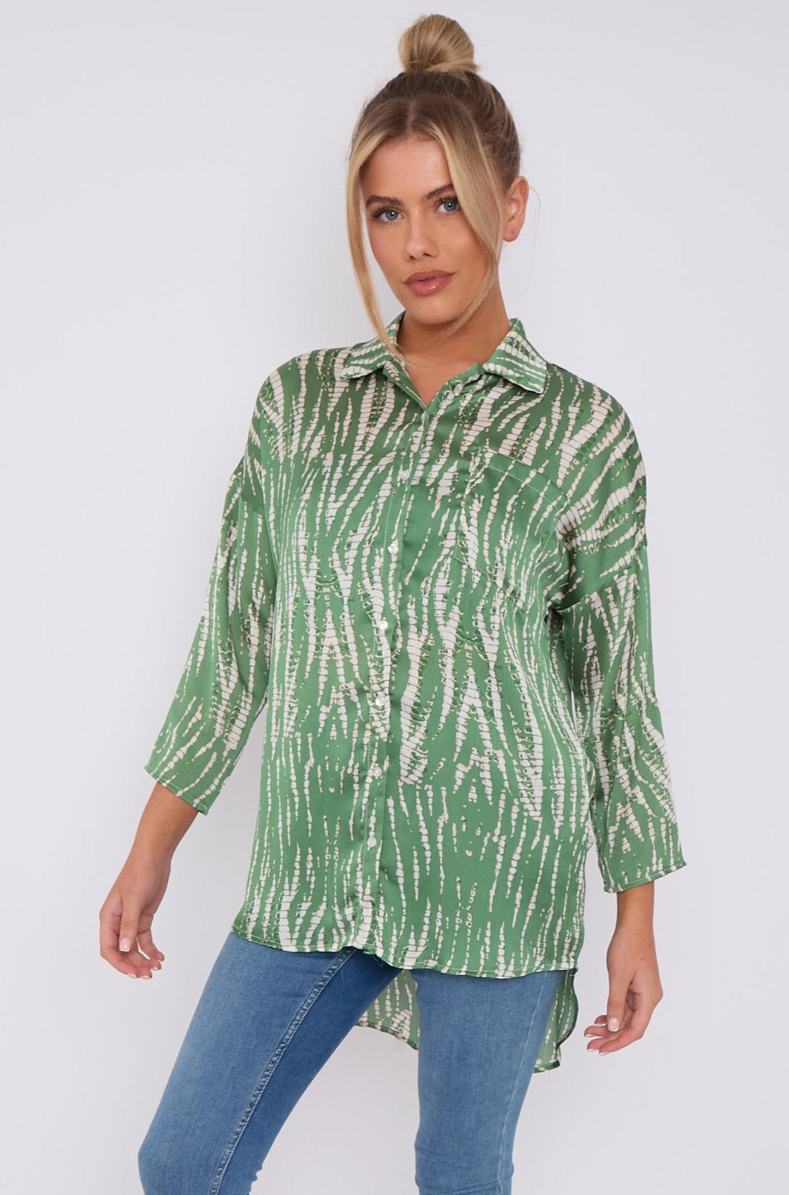 Green Tie Dye Print Satin Oversized Shirt LS5003-P35