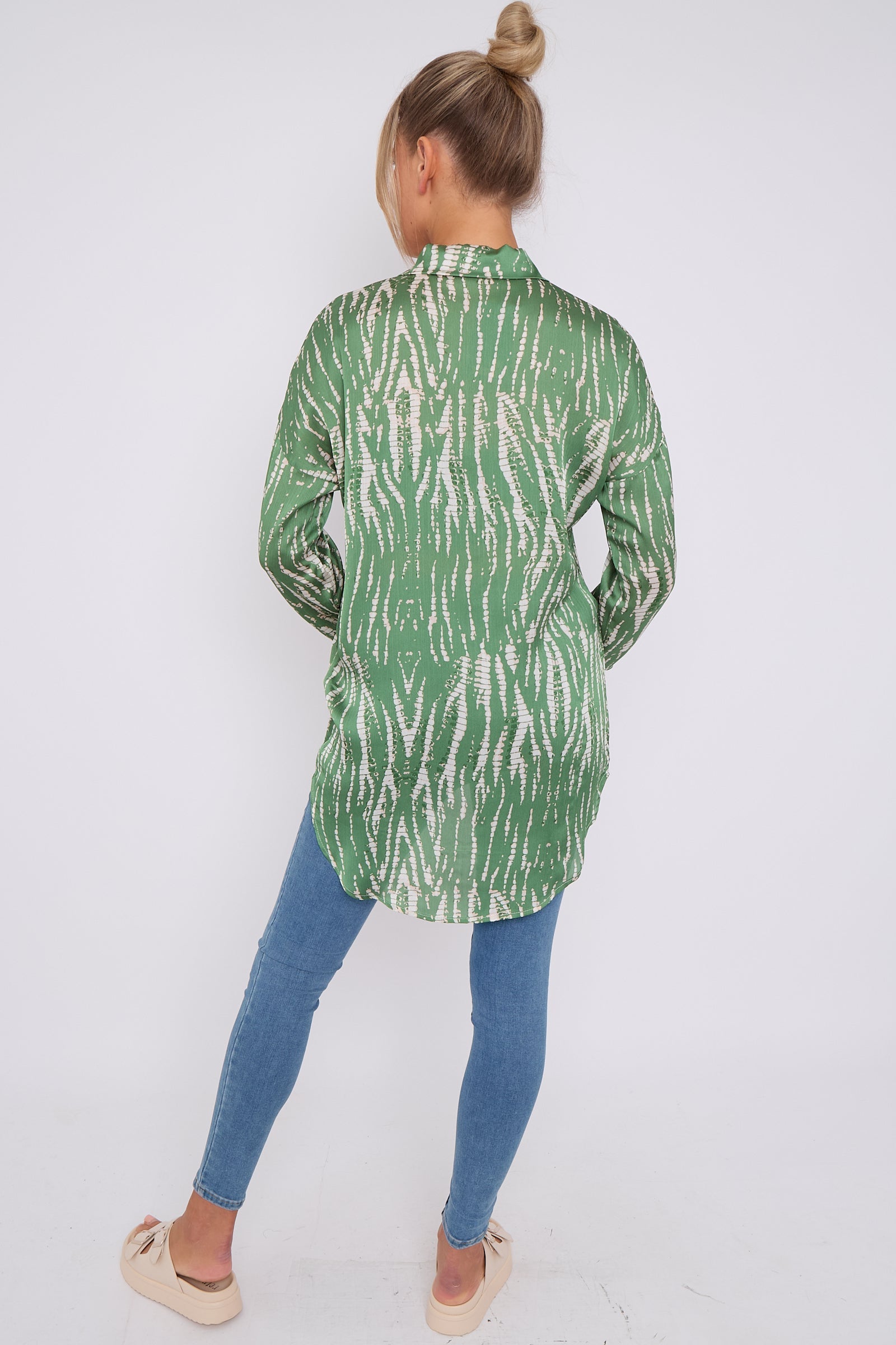 Green Tie Dye Print Satin Oversized Shirt LS5003-P35