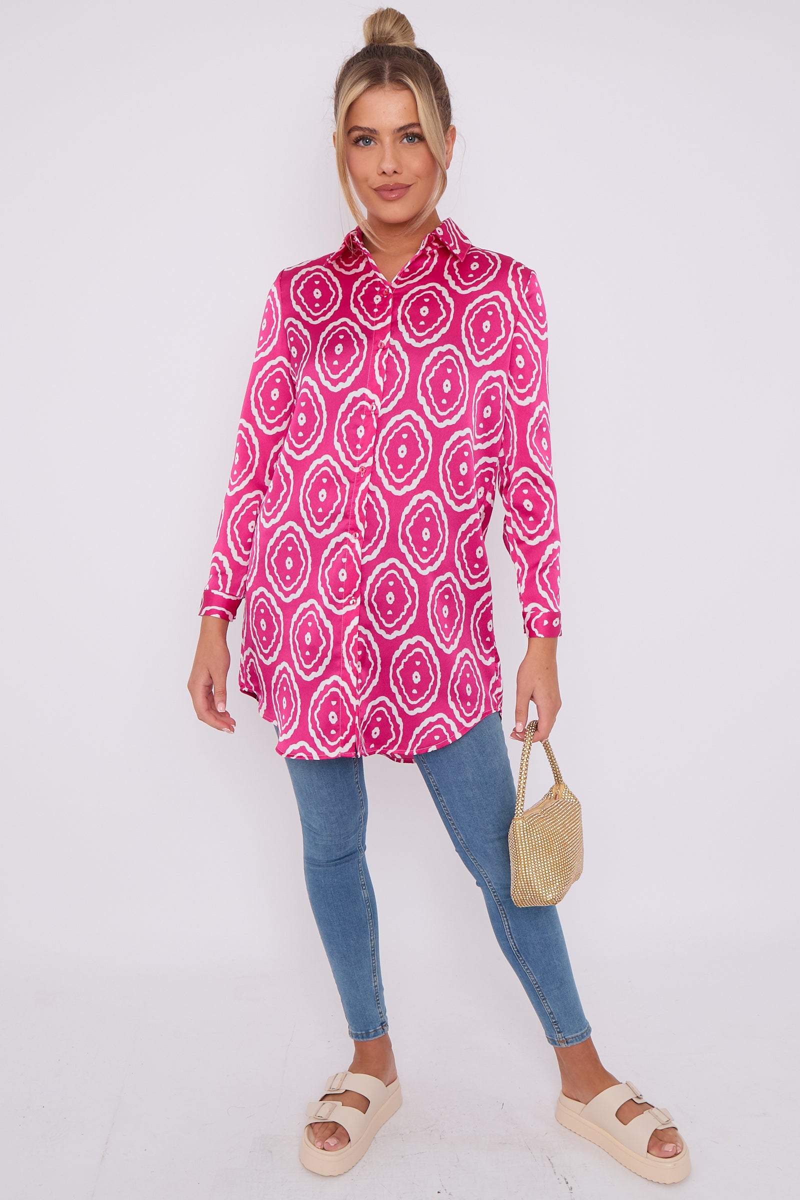 Pink Tribe Print Bubble Satin Long Shirt LS5002-CC21