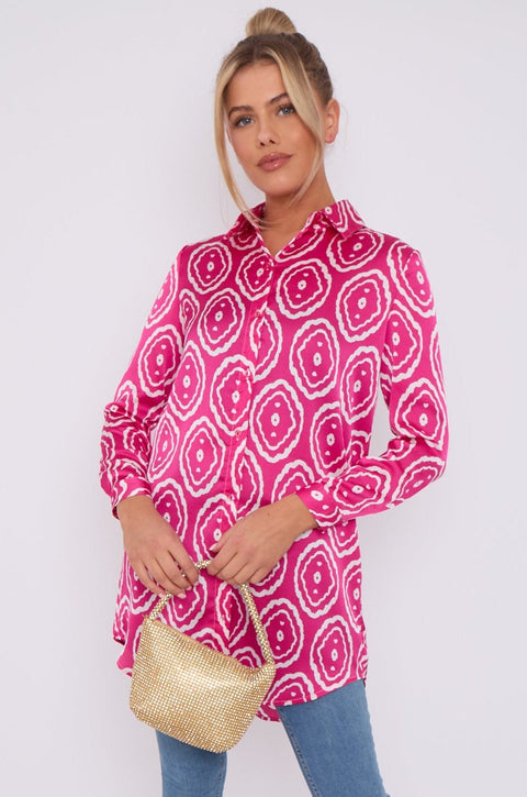 Pink Tribe Print Bubble Satin Long Shirt by LOVE SUNSHINE