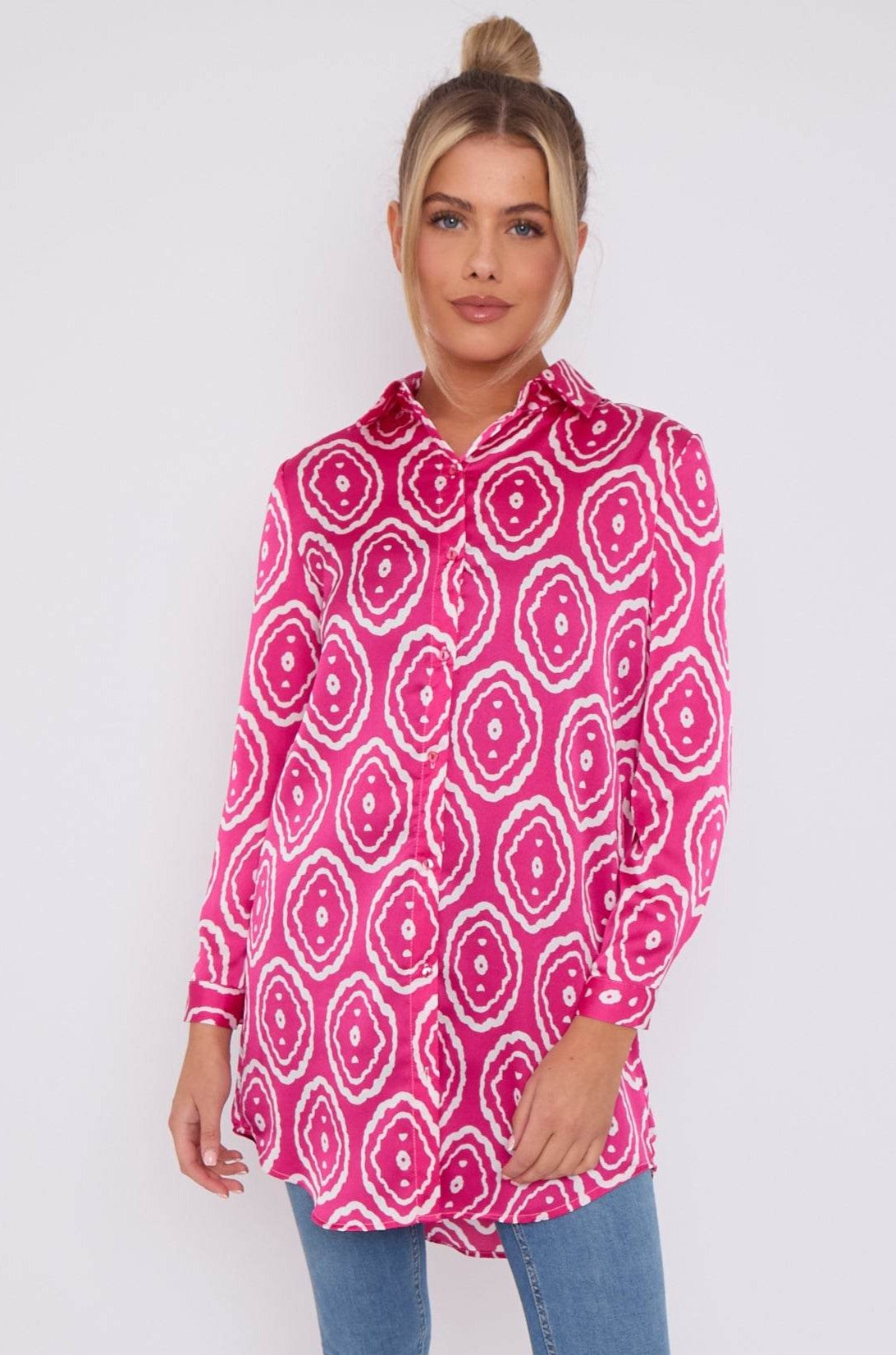 Pink Tribe Print Bubble Satin Long Shirt LS5002-CC21