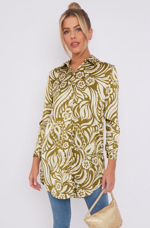 Olive Green Paisley Print Satin Long Shirt by LOVE SUNSHINE