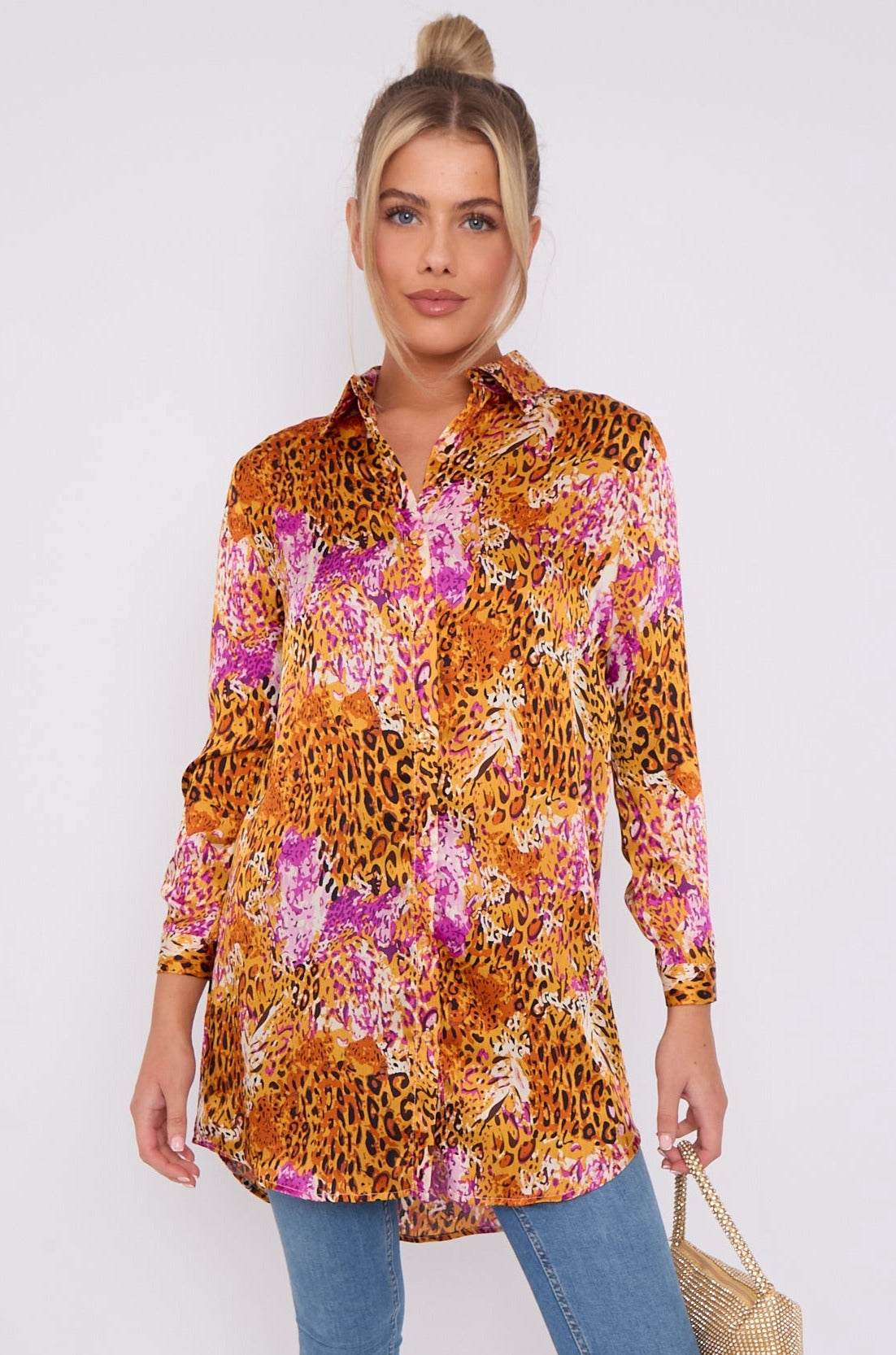 Fuchsia And Brown Leopard Print Satin Long Shirt LS5002-CC16