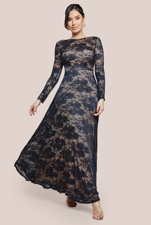 Scalloped Lace A-Line Maxi Dress - Black DR4496