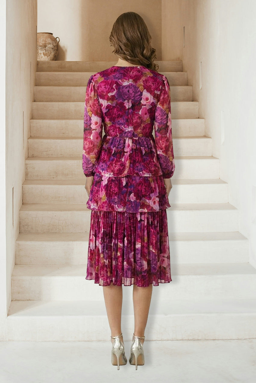 Long Sleeve Floral Printed Mesh Tiered Midi Dress VE0813BBER