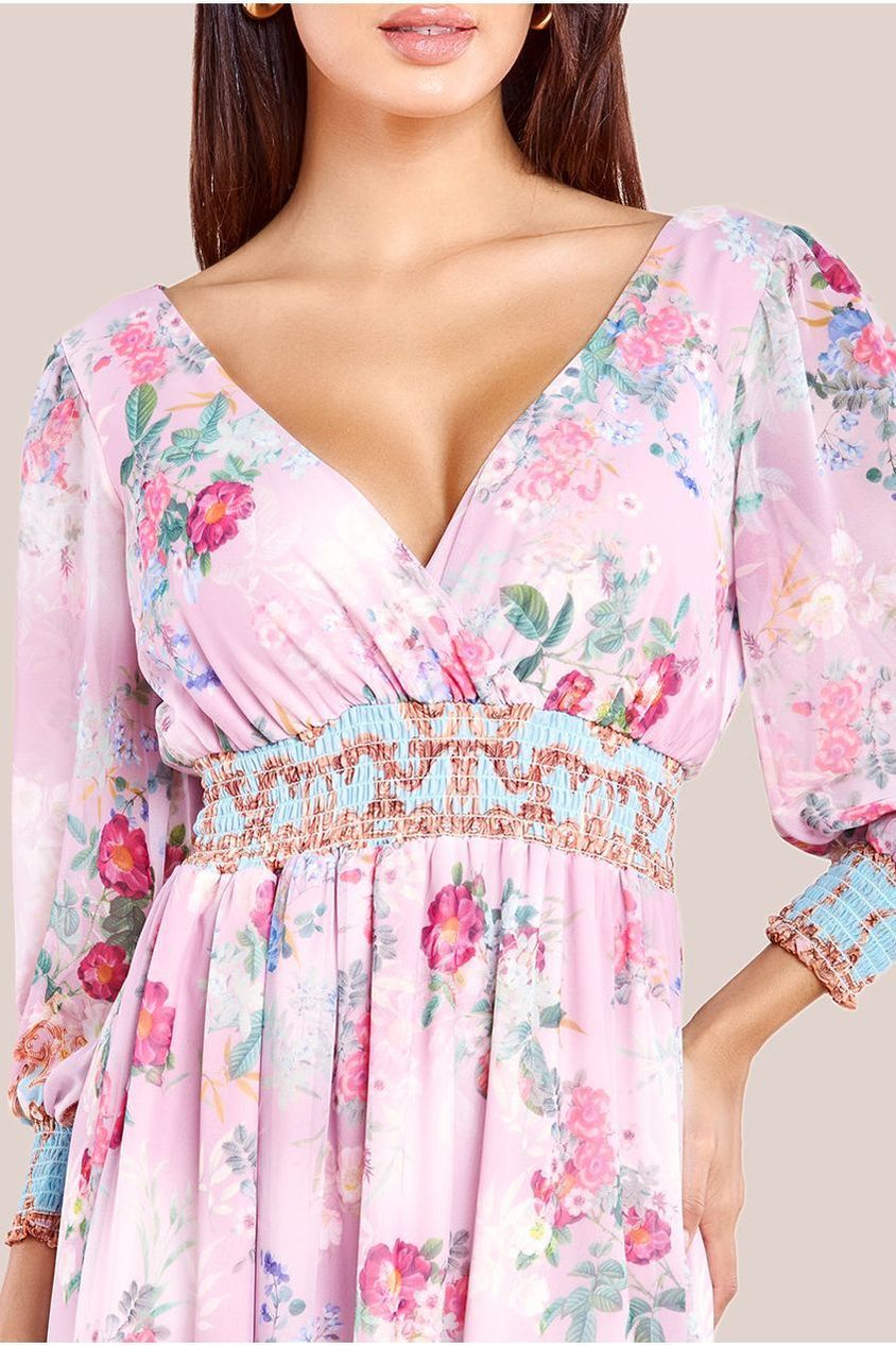 Chiffon Wrap Border Floral Print Maxi Dress - Pink DR4394