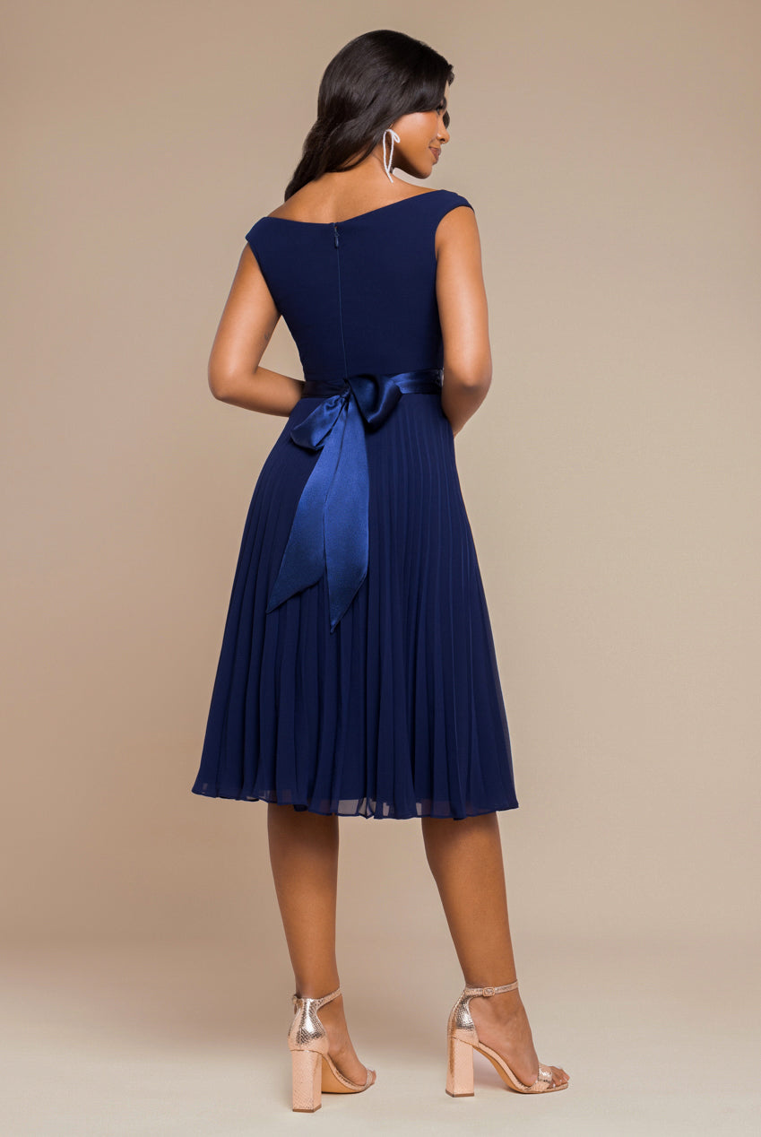 Cowl Neck Pleated A-Line Chiffon Midi Dress - Navy Blue DR4501