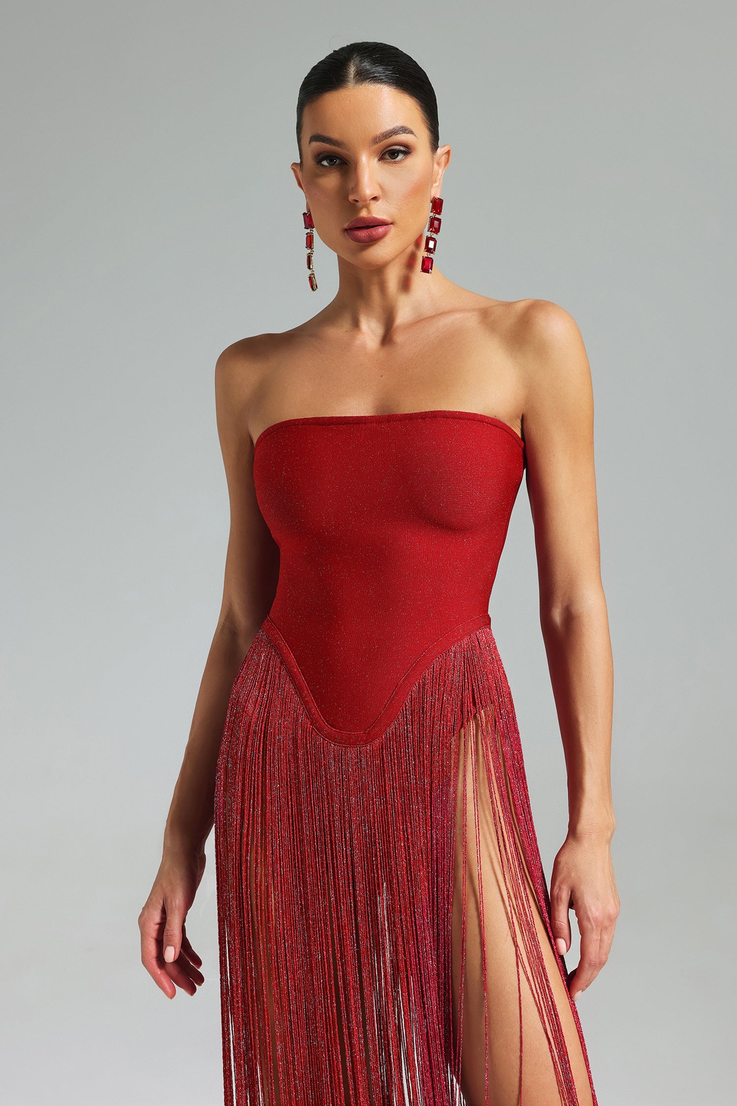 Valentina Strapless Fringe Dress D240500121-Red