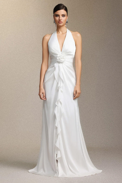 Salla Ruthie  Halter-neck Three-dimensional Flower Ruffled Cinched Waist Maxi Dress by Bella Barnett