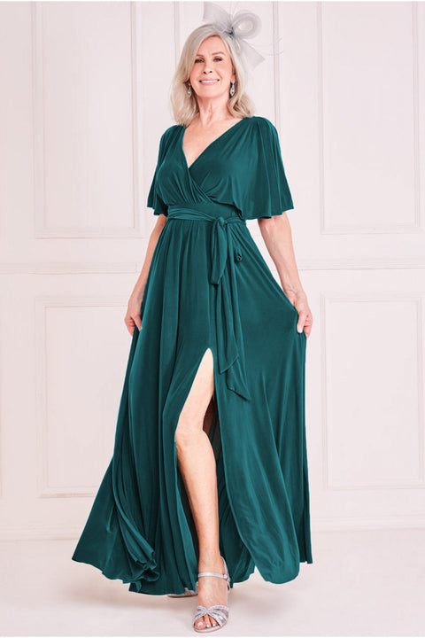 Goddiva Short Sleeve Wrap Maxi Dress - Emerald Green