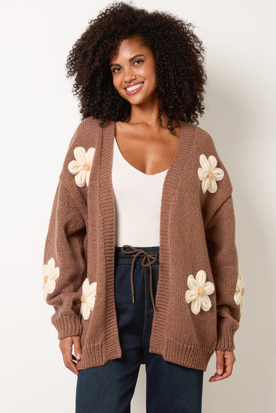 Coffee - Daisy Large Flower Cardigan by Blue Vanilla