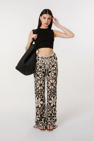 Black - Crochet Pants With Flower Pattern by Pink Vanilla