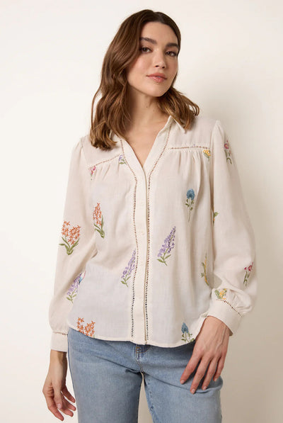 Stone - Long Sleeve Embroidered Button Front Blouse by Blue Vanilla