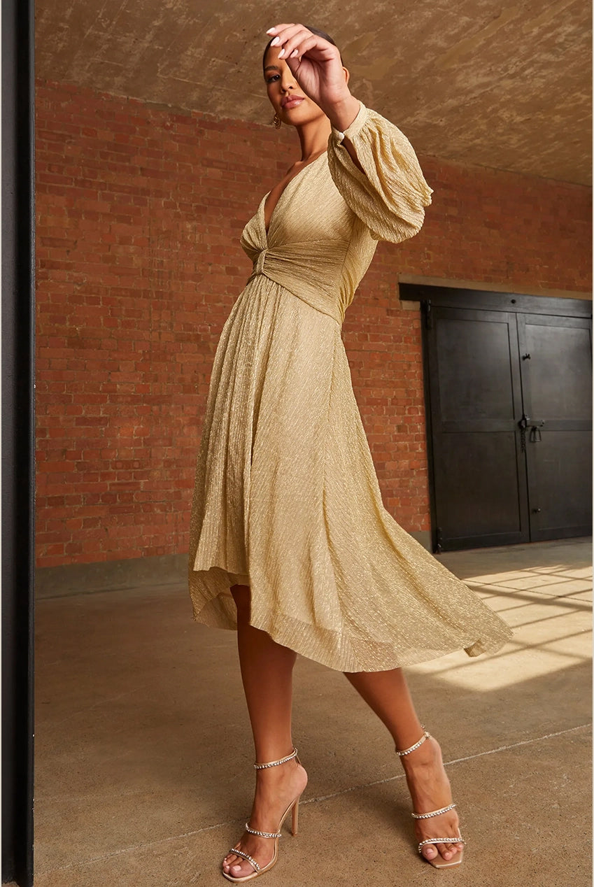 Long Sleeve Glitter Plisse Wrap Midi Dress In Gold WX9905GL