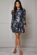 Long Sleeve Pephem Jacquard Mini Dress In Navy by Chi Chi