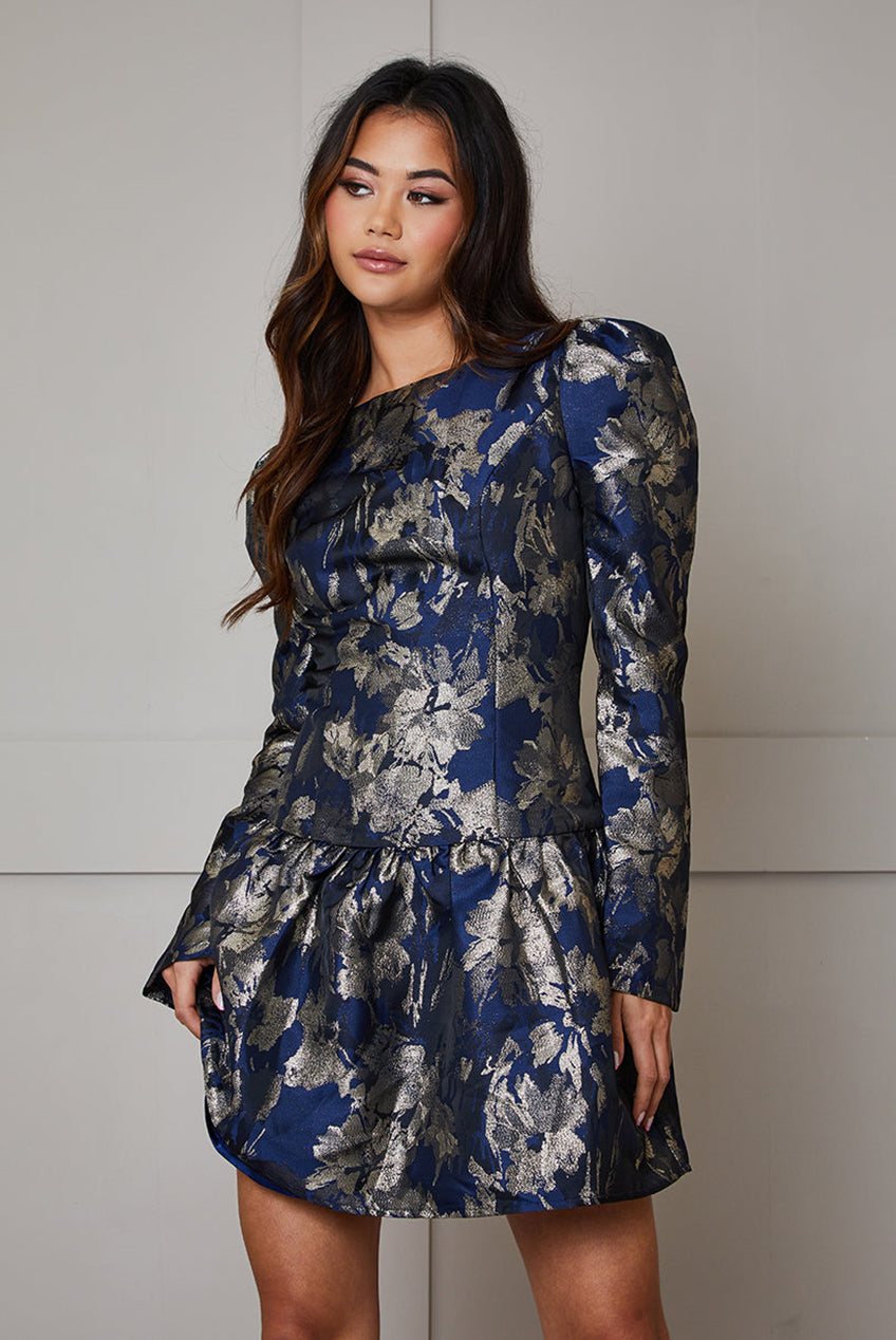 Long Sleeve Pephem Jacquard Mini Dress In Navy WX9908NB