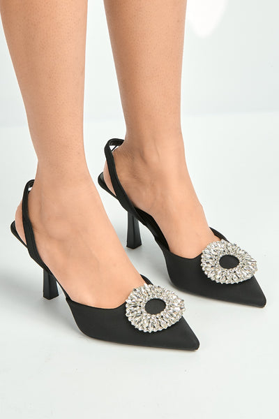 Black - Gia Diamante Broach Slingback Court Shoes In Black by Miss Diva