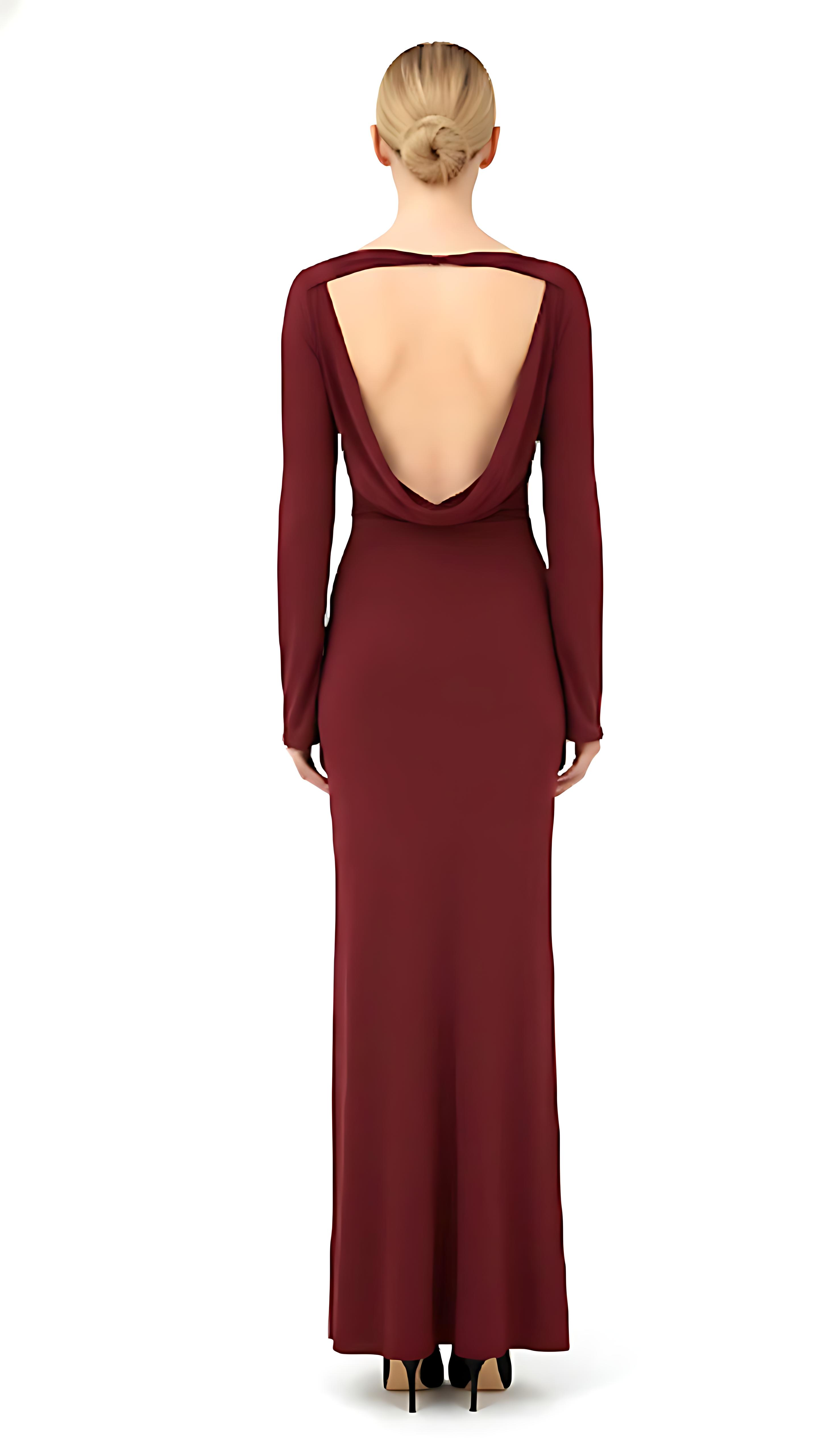 Wine Backless Slinky Knot Waist Bodycon Maxi Dress AV-NDR1419WN